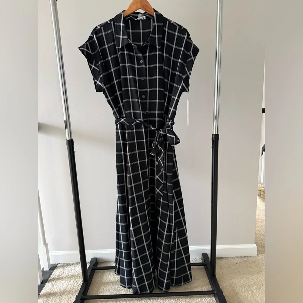 Calvin Klein Black and White Windowpane Maxi Shirt Dress - Picture 1 of 3